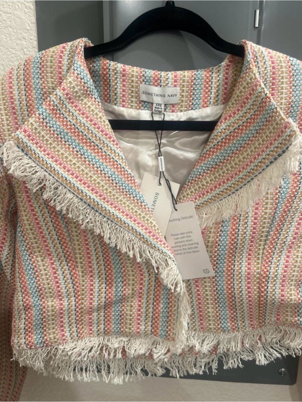 Something Navy Cropped Striped Tweed Blazer in Blush & Cream